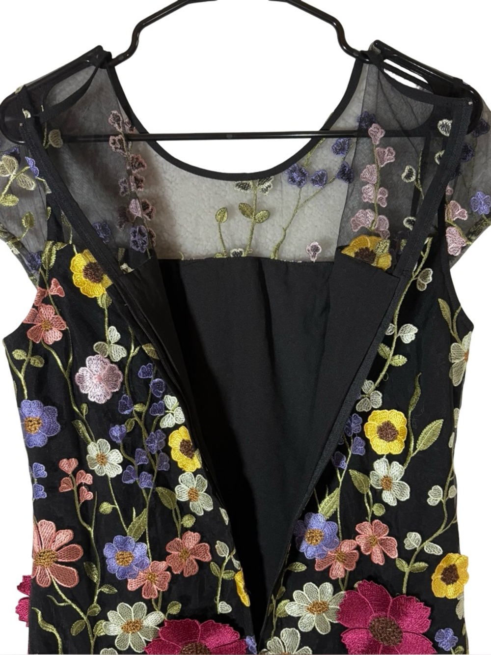 Black Floral Embroidered Mesh Dress 3D Flowers Spring Wedding Guest Dress - Picture 8 of 16